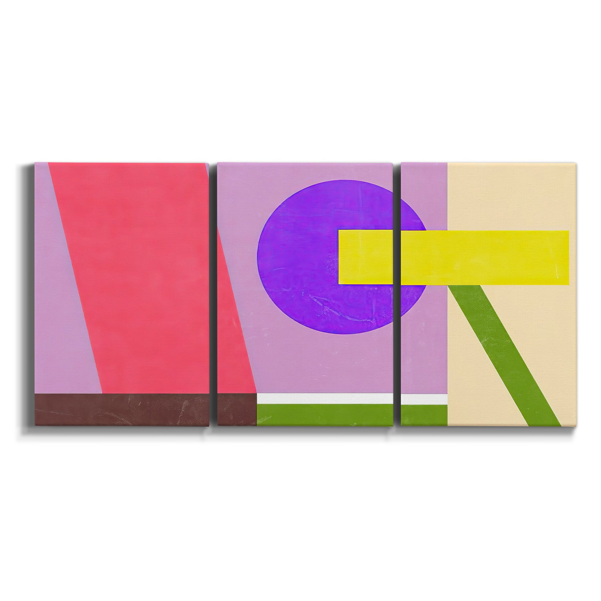 Three-panel canvas wall art featuring bold geometric color abstraction on white background.