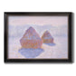 Impressionist winter haystack scene with sunlight by Claude Monet printed on canvas in an ornate black frame with gilded inner detail.