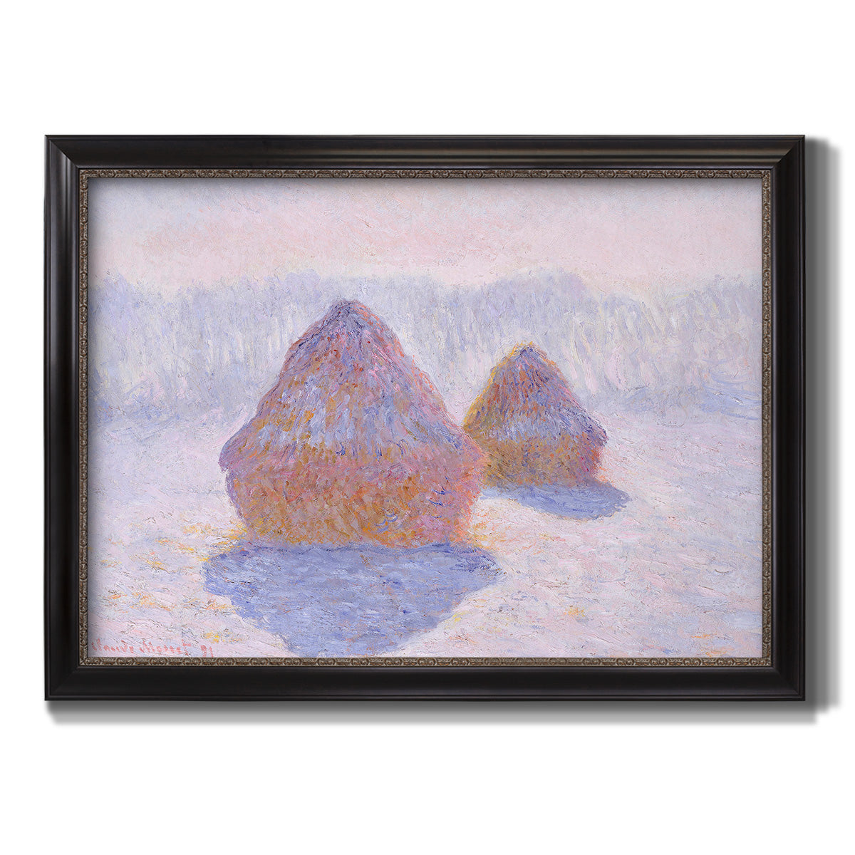 Impressionist winter haystack scene with sunlight by Claude Monet printed on canvas in an ornate black frame with gilded inner detail.