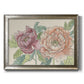 Modern peony floral drawing printed on canvas in an ornate mottled silver frame.