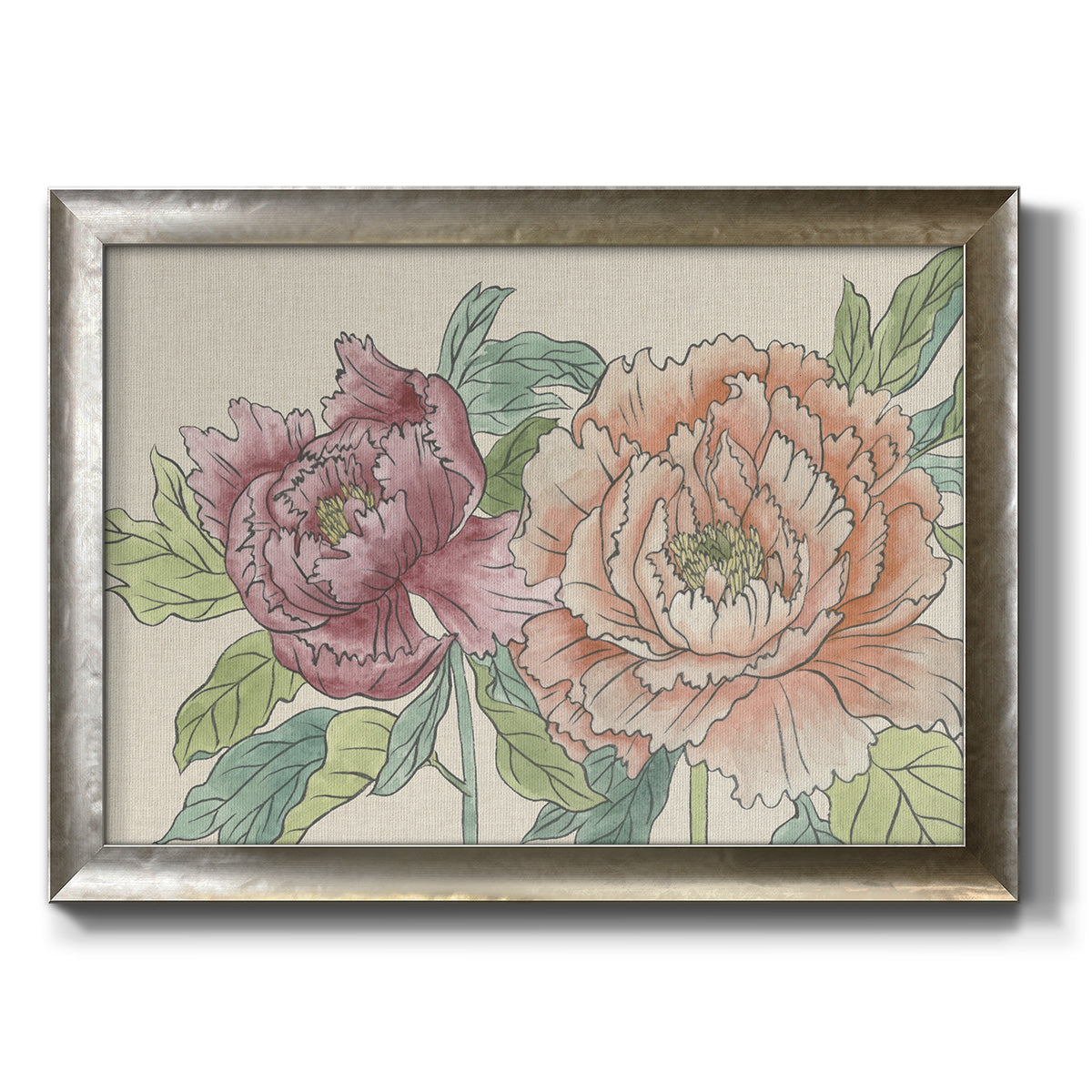 Modern peony floral drawing printed on canvas in an ornate mottled silver frame.