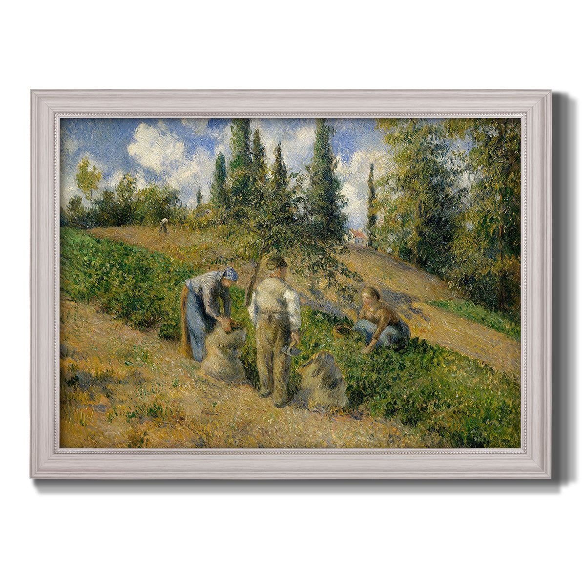 Impressionist countryside harvest scene by Camille Pissarro printed on canvas in an ornate weathered white frame.