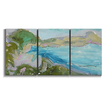 Three-panel canvas wall art featuring open landscape with landing strip on white background.