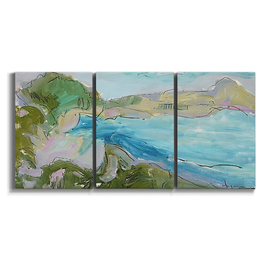 Three-panel canvas wall art featuring open landscape with landing strip on white background.