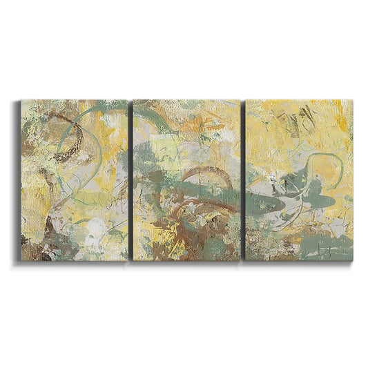 Three-panel canvas wall art featuring layered abstract directional color blocks on white background.