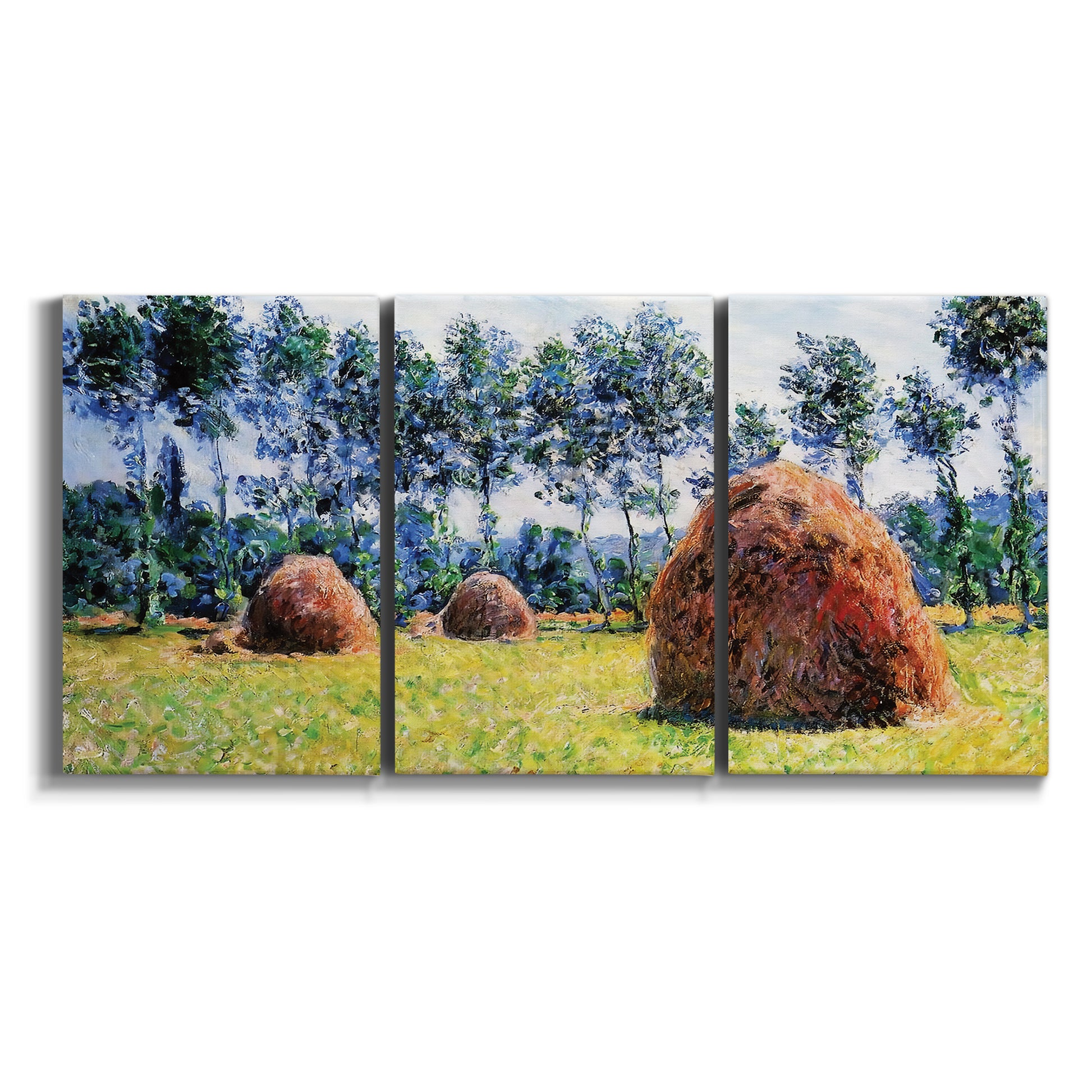 Three-panel canvas wall art featuring harvested grainstacks in field on white background.
