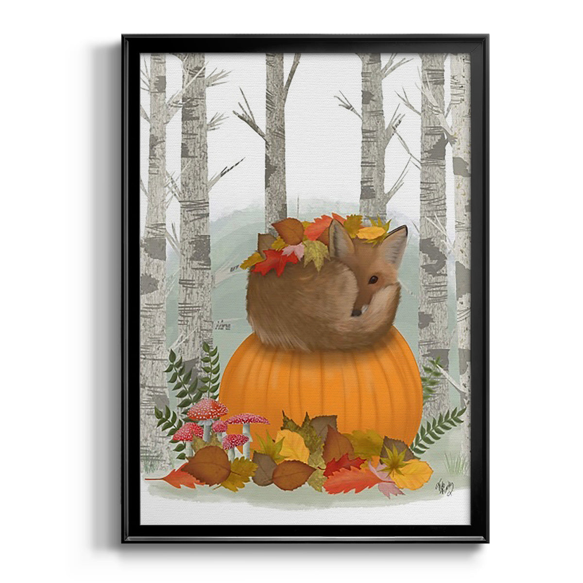 Fox Curled on Pumpkin - Modern Framed Canvas Print