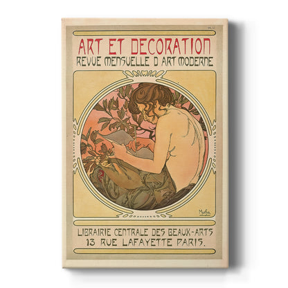 Canvas art print featuring an Art Nouveau poster of a woman with ornate details and design publication text on a clean white background.