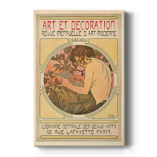 Canvas art print featuring an Art Nouveau poster of a woman with ornate details and design publication text on a clean white background.