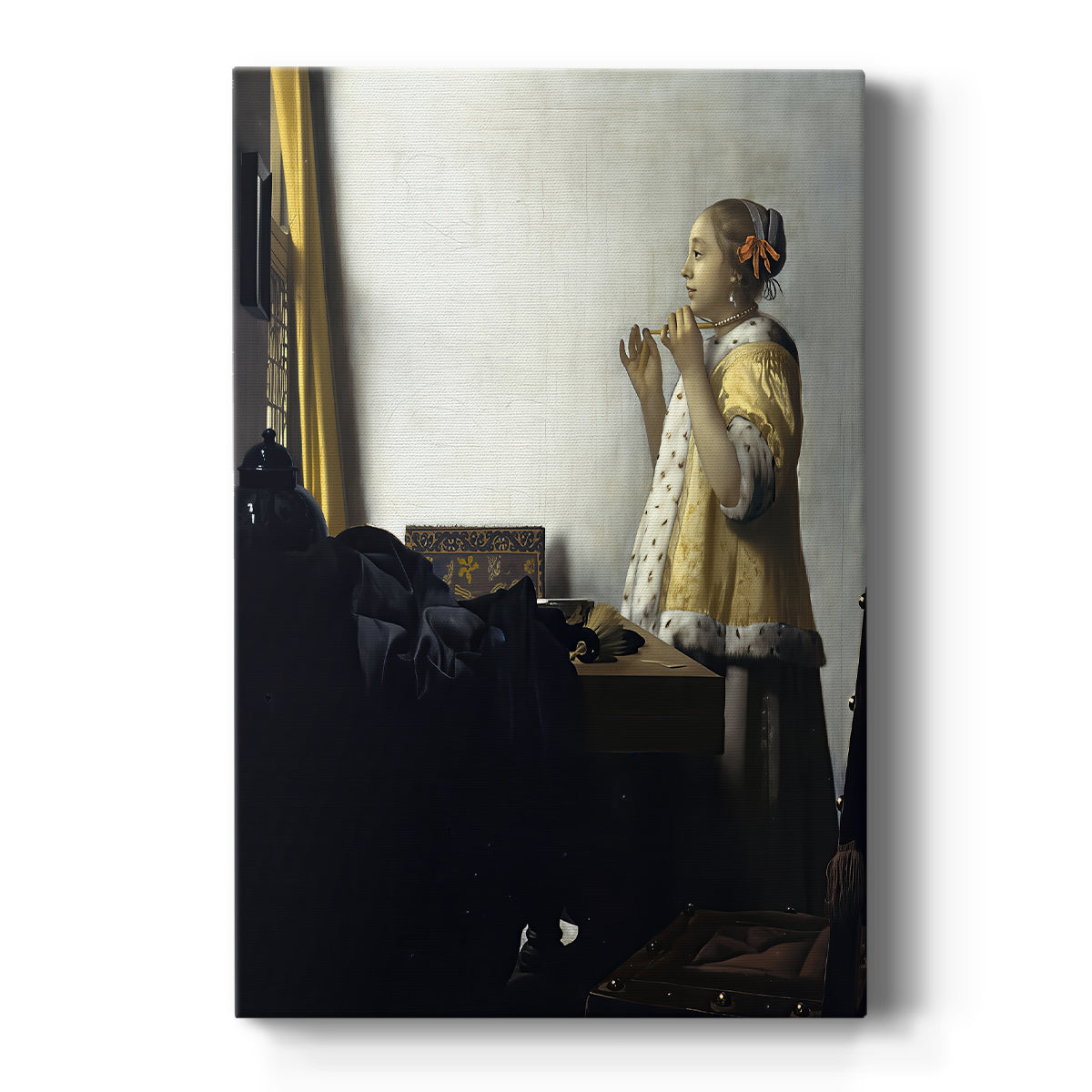 Canvas art print featuring a Baroque portrait of a woman adjusting a pearl necklace in soft light on a clean white background.