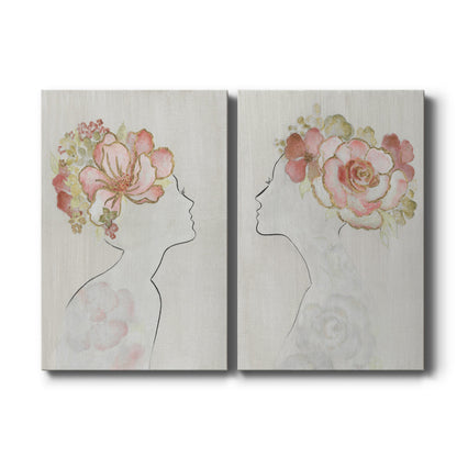Set of two vertical canvas prints featuring fashion-inspired floral silhouette artwork, displayed side by side.