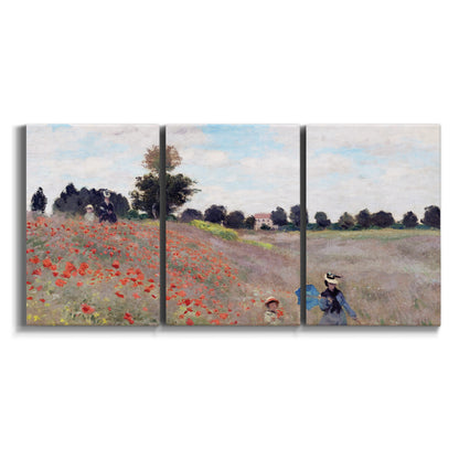 Three-panel canvas wall art featuring poppy field stretching across meadow on white background.