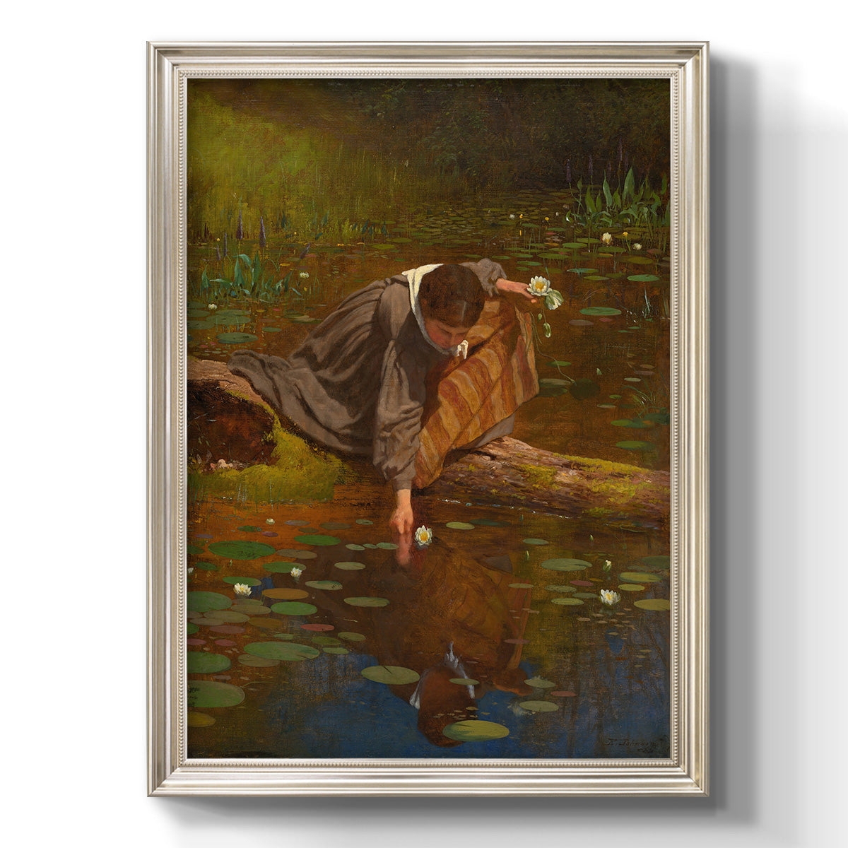 Realist genre painting of figures gathering lilies by Eastman Johnson printed on canvas in an ornate champagne frame with a vertical orientation.