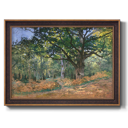 Impressionist forest landscape at Fontainebleau by Claude Monet printed on canvas in an ornate bronzed mahogany wood frame.