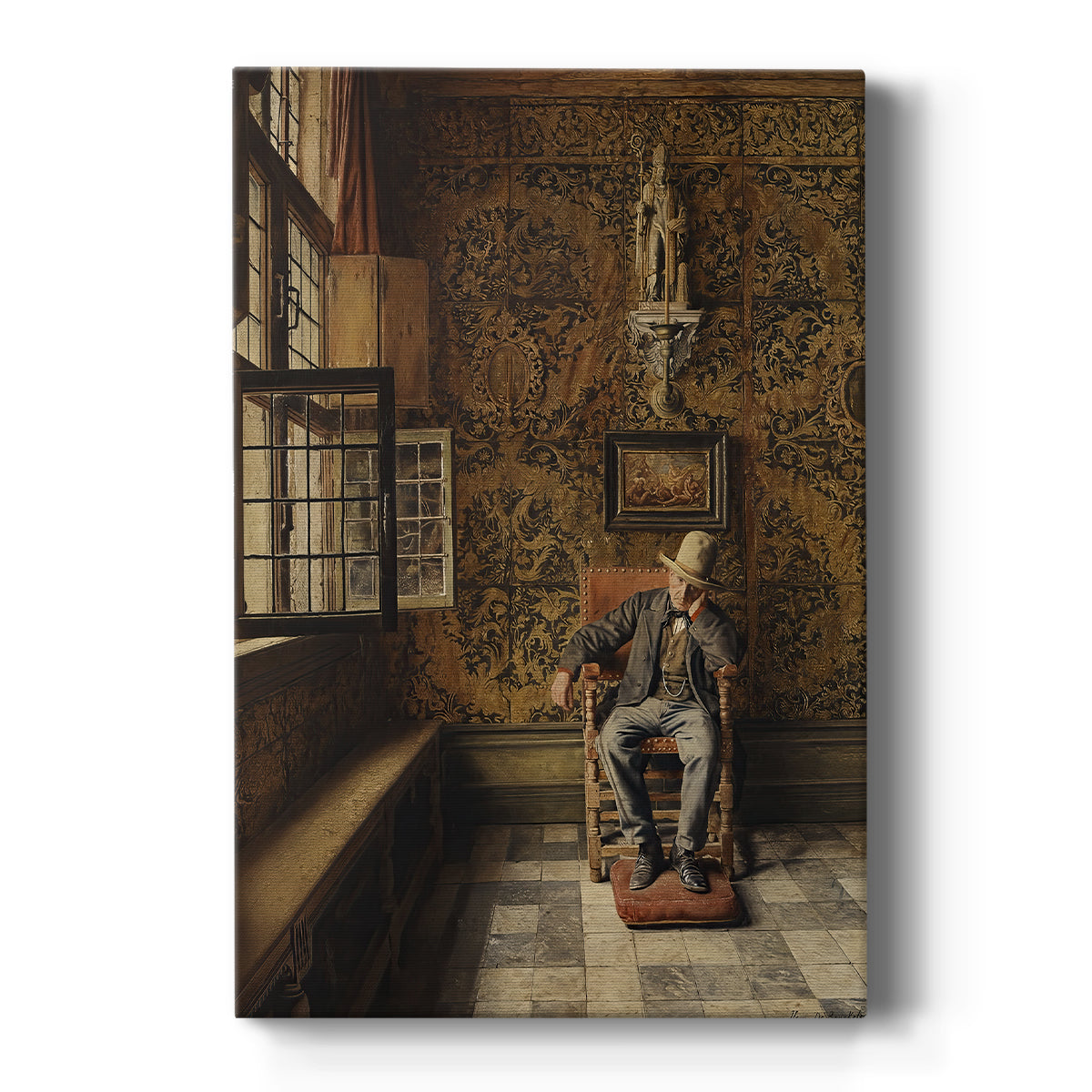 Canvas art print featuring a realistic interior scene of a seated man in a dimly lit room on a clean white background.