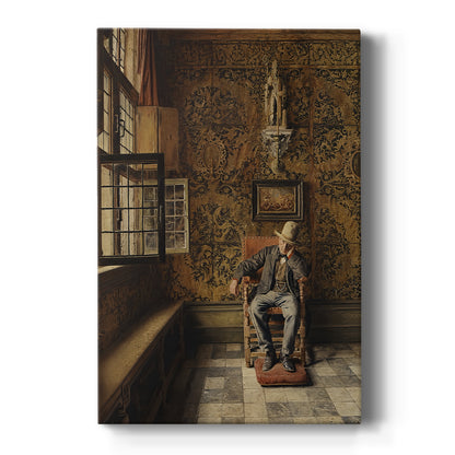 Canvas art print featuring a realistic interior scene of a seated man in a dimly lit room on a clean white background.