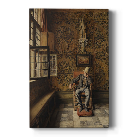 Canvas art print featuring a realistic interior scene of a seated man in a dimly lit room on a clean white background.