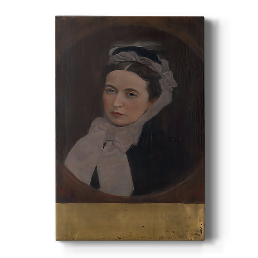 Canvas art print featuring a realistic portrait of a woman wearing a purple shawl with soft tones on a clean white background.