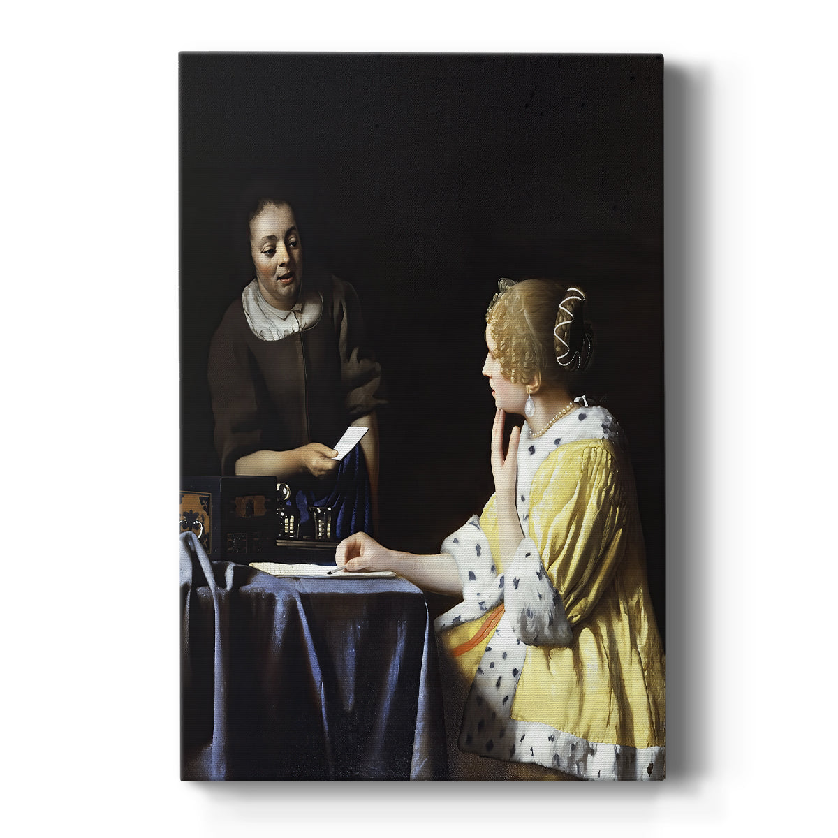 Canvas art print featuring a Baroque interior of two women exchanging a letter in soft light on a clean white background.