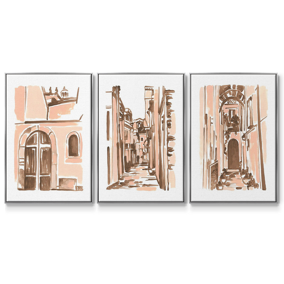 Blush Architecture Study IV - Framed Premium Gallery Wrapped Canvas L Frame 3 Piece Set - Ready to Hang