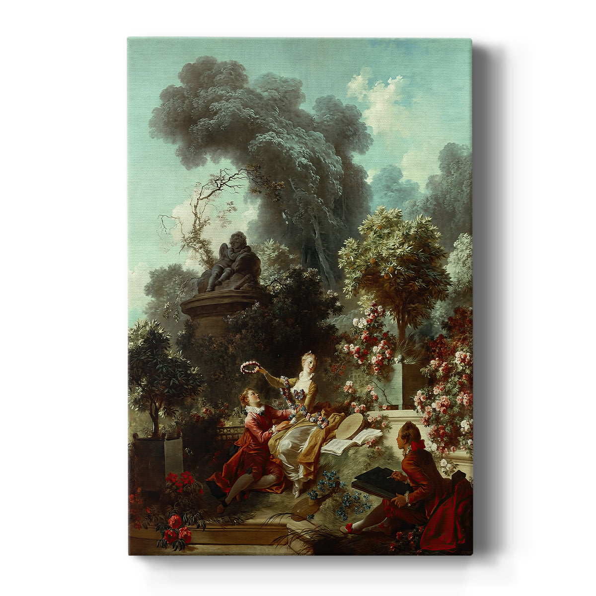 Canvas art print featuring a Rococo garden scene of a woman crowning her lover with a wreath on a clean white background.