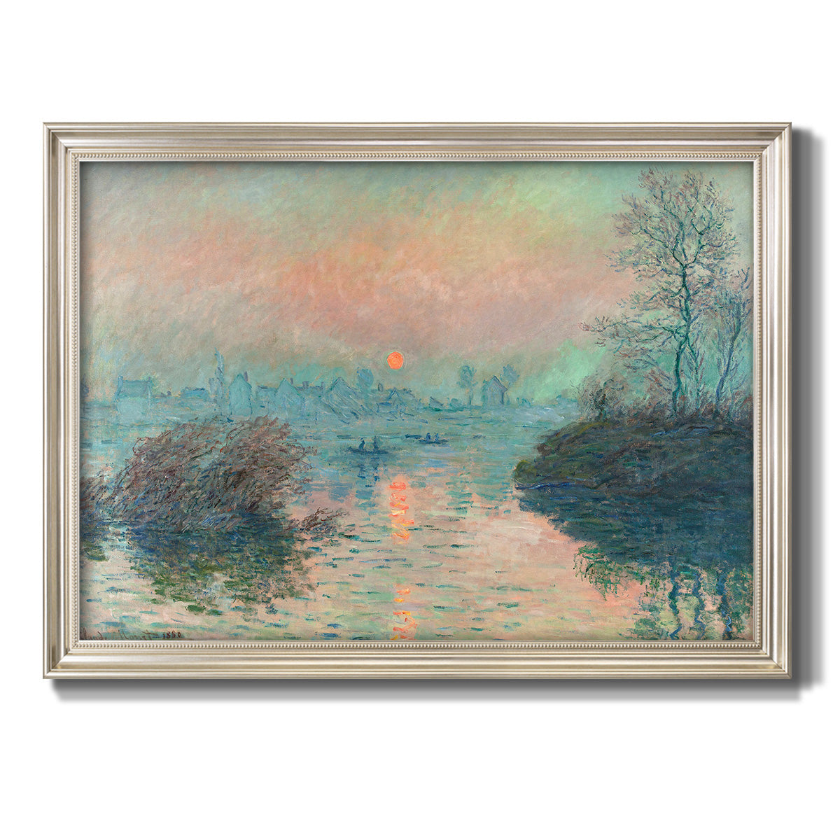 Impressionist winter river sunset scene by Claude Monet printed on canvas in an ornate champagne frame.