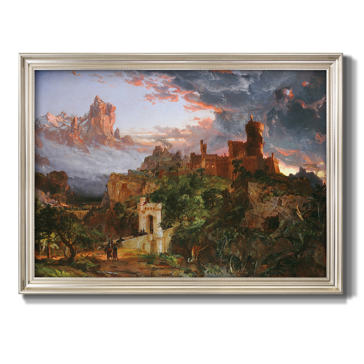 Romantic allegorical landscape painting by Jasper Francis Cropsey printed on canvas in an ornate champagne frame.
