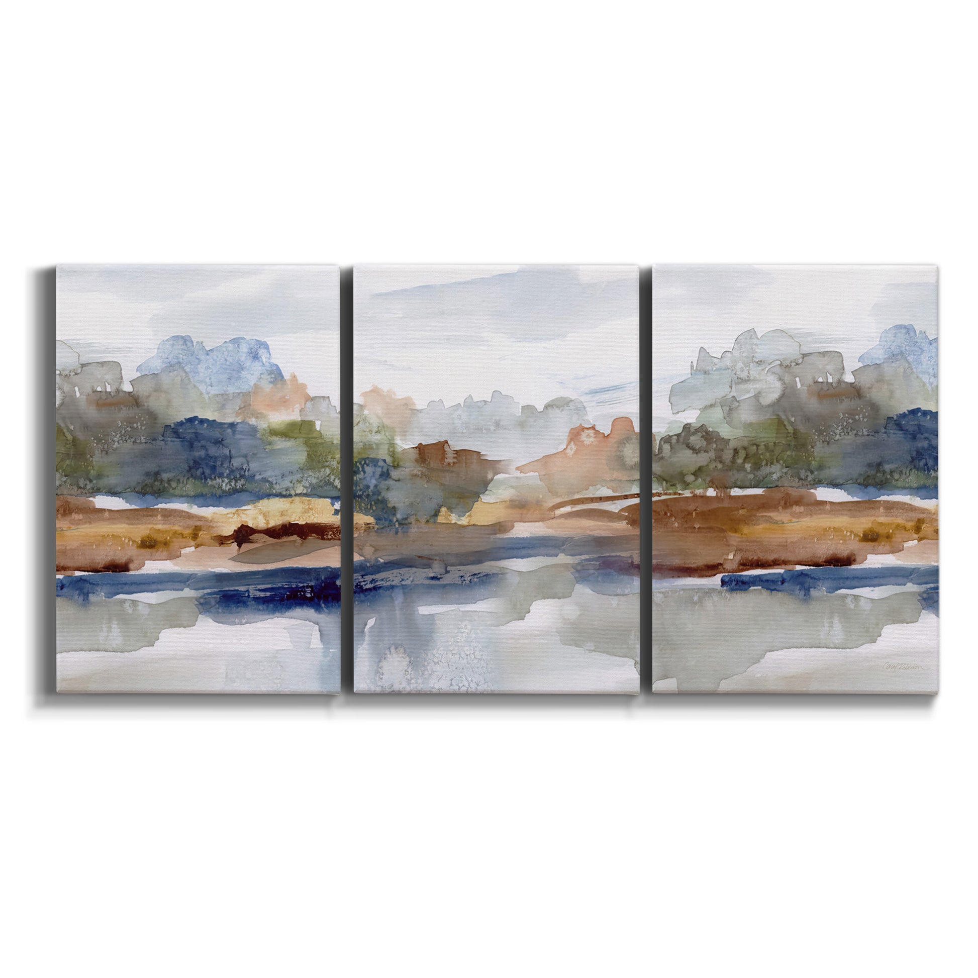 Three-panel canvas wall art featuring layered abstract mountain forms on white background.