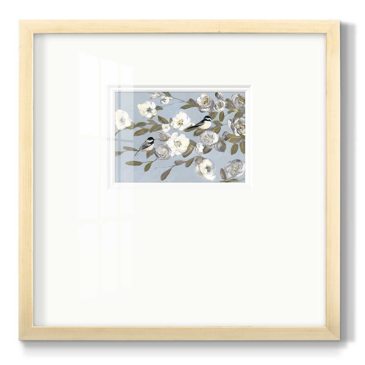 Chickadees and Blossoms I Premium Framed Print Double Matboard