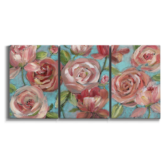 Three-panel canvas wall art featuring playful peach toned floral composition on white background.