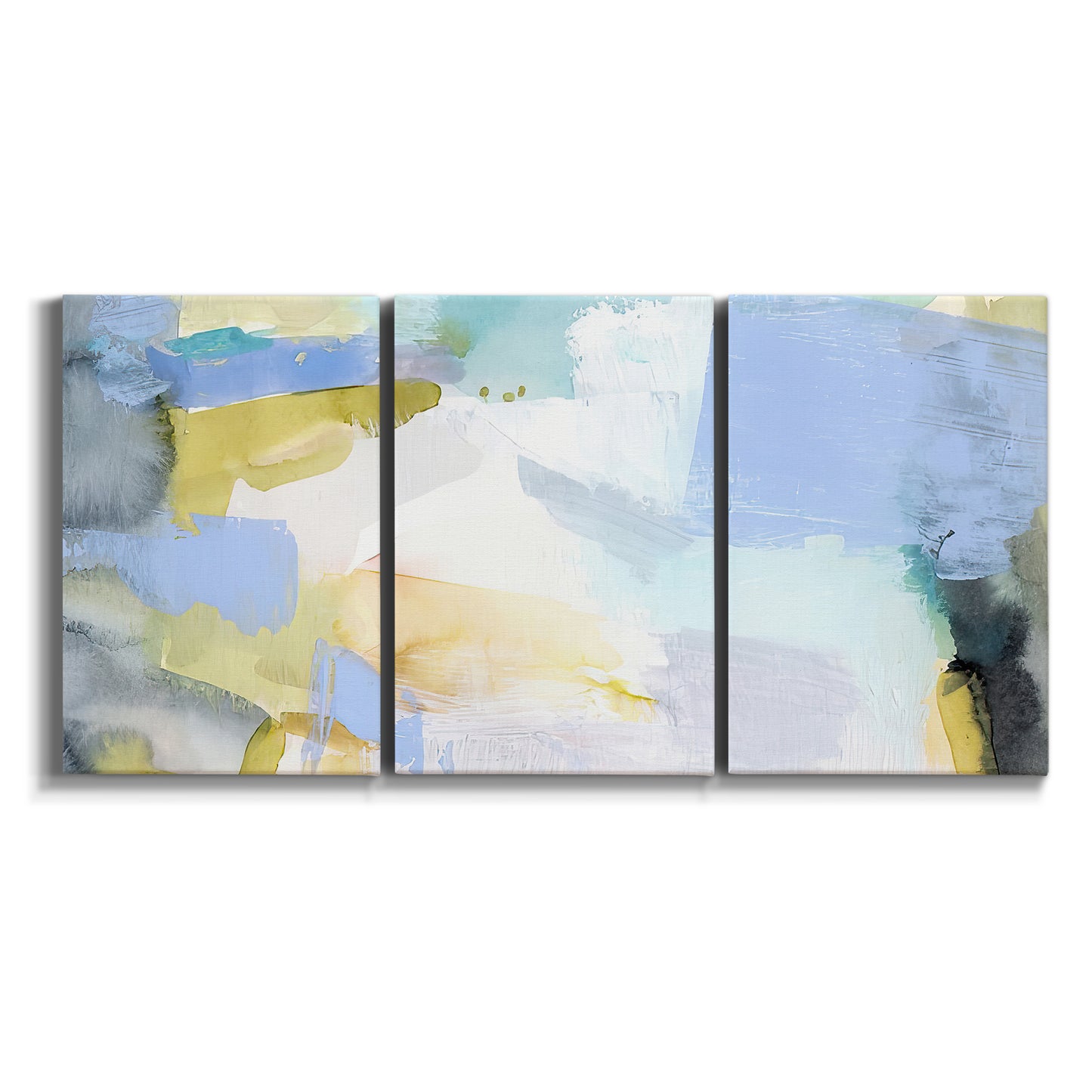 Three-panel canvas wall art featuring soft abstract spring watercolor tones on white background.
