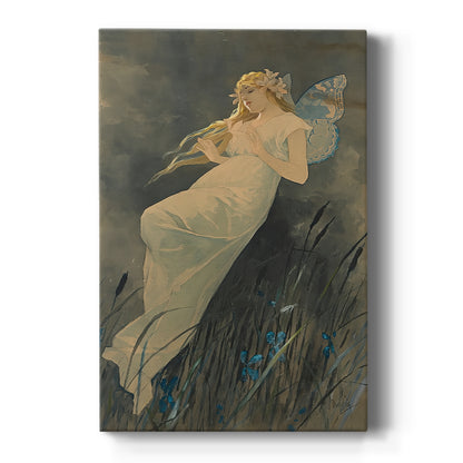 Canvas art print featuring an Art Nouveau illustration of an elf with iris flowers and ornate whimsical details on a clean white background.