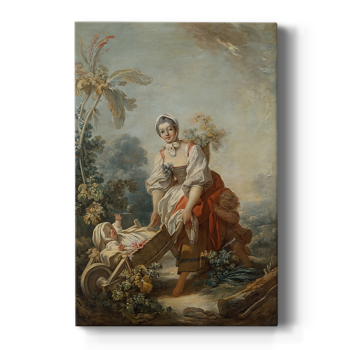 Canvas art print featuring a Rococo scene of a mother with her child in a warm domestic setting on a clean white background.