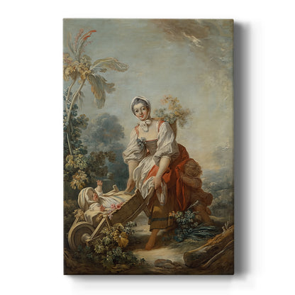 Canvas art print featuring a Rococo scene of a mother with her child in a warm domestic setting on a clean white background.