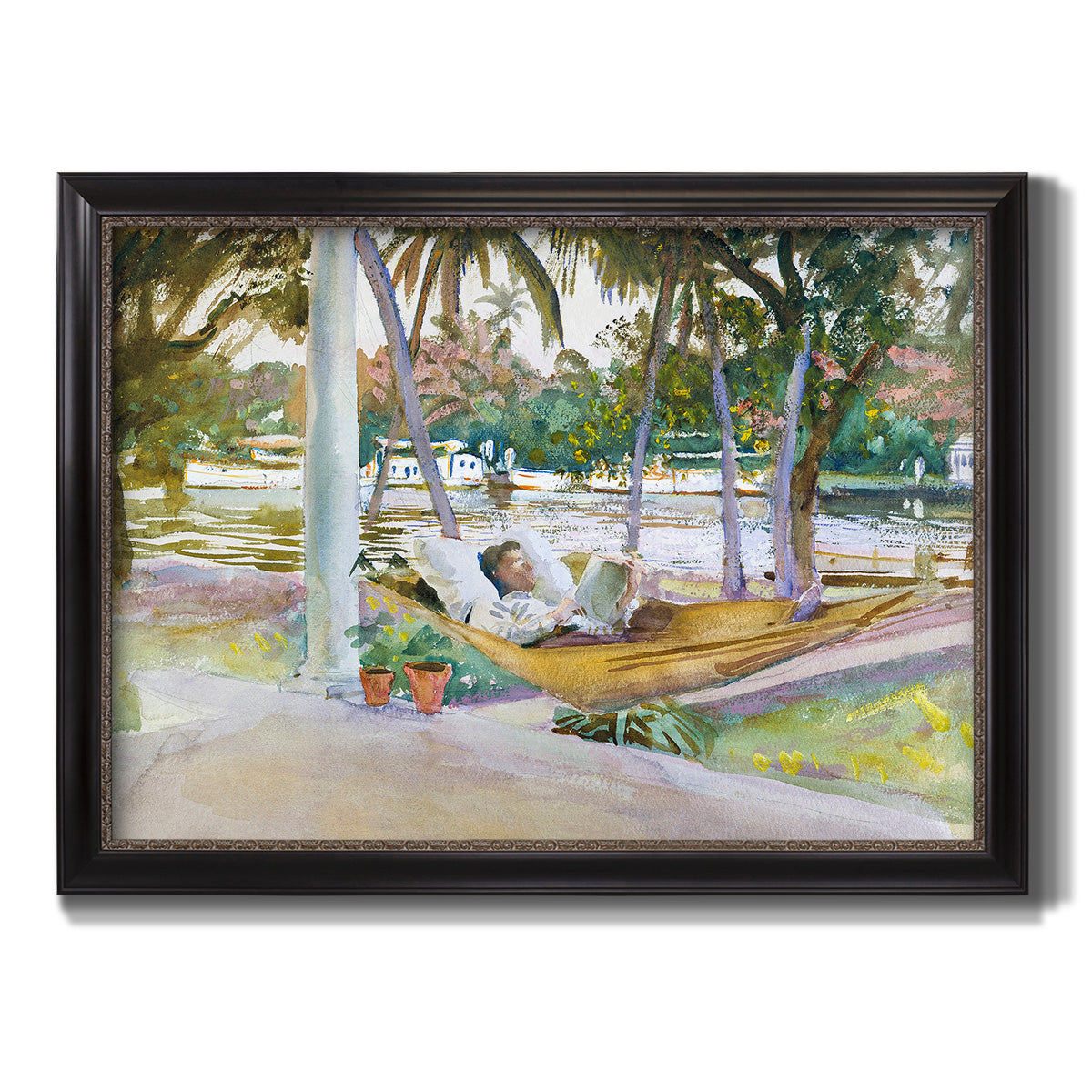 Impressionist leisure portrait scene by John Singer Sargent printed on canvas in an ornate black frame with gilded inner detail.