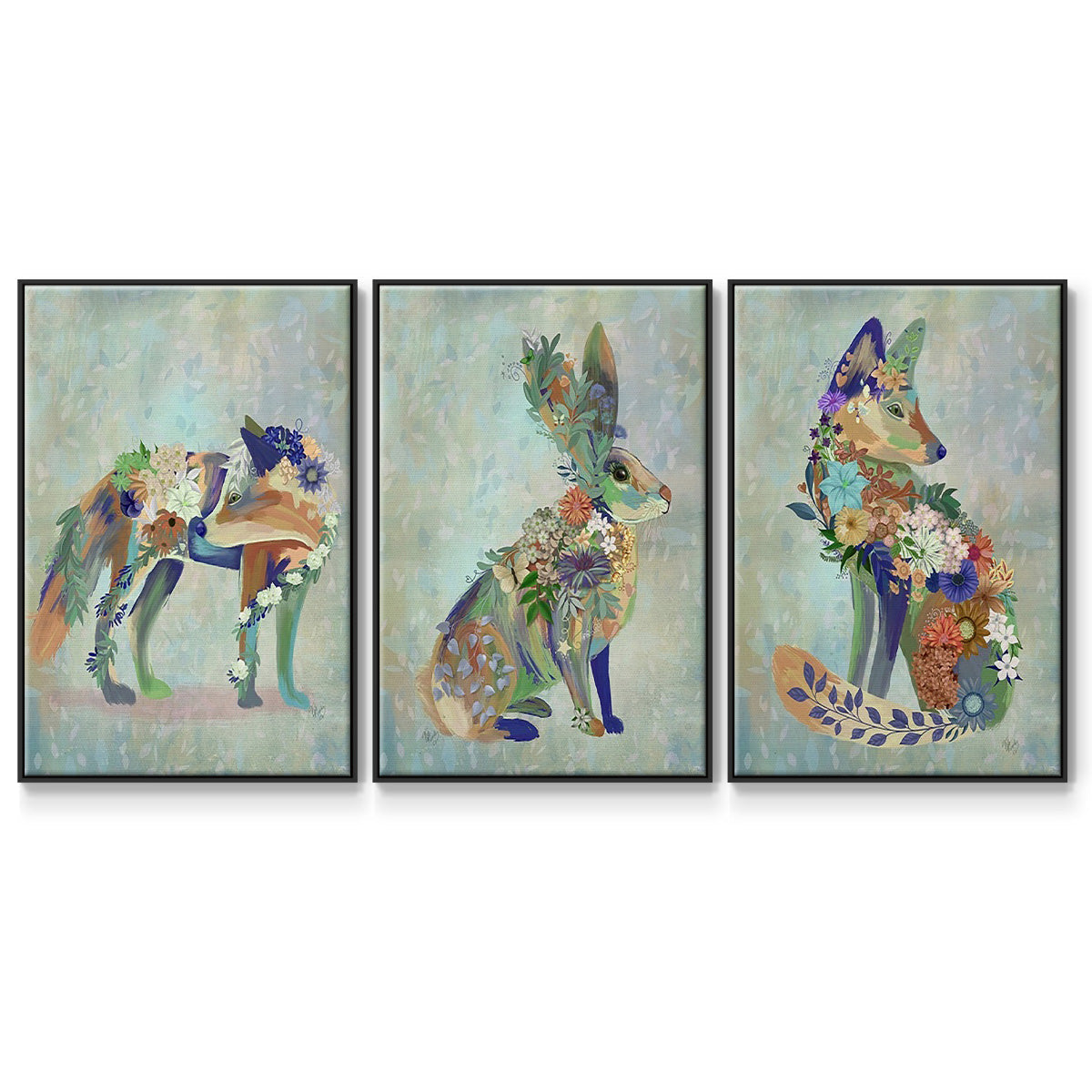 Fantastic Florals Fox, Sitting - Framed Premium Gallery Wrapped Canvas L Frame 3 Piece Set - Ready to Hang