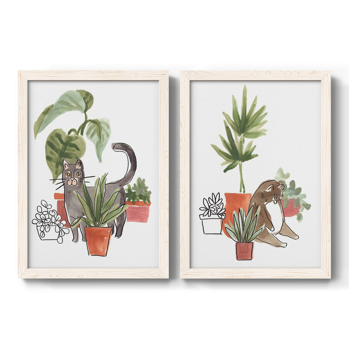 Purrfect Plants I - Premium Framed Canvas 2 Piece Set - Ready to Hang