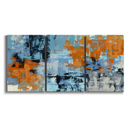 Three-panel canvas wall art featuring mid century abstract playground shapes on white background.
