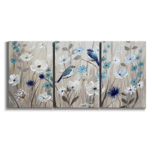 Three-panel canvas wall art featuring bluebirds perched among spring branches on white background.