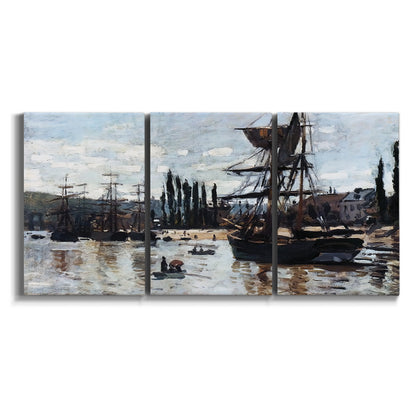 Three-panel canvas wall art featuring harbor scene with boats and quays on white background.