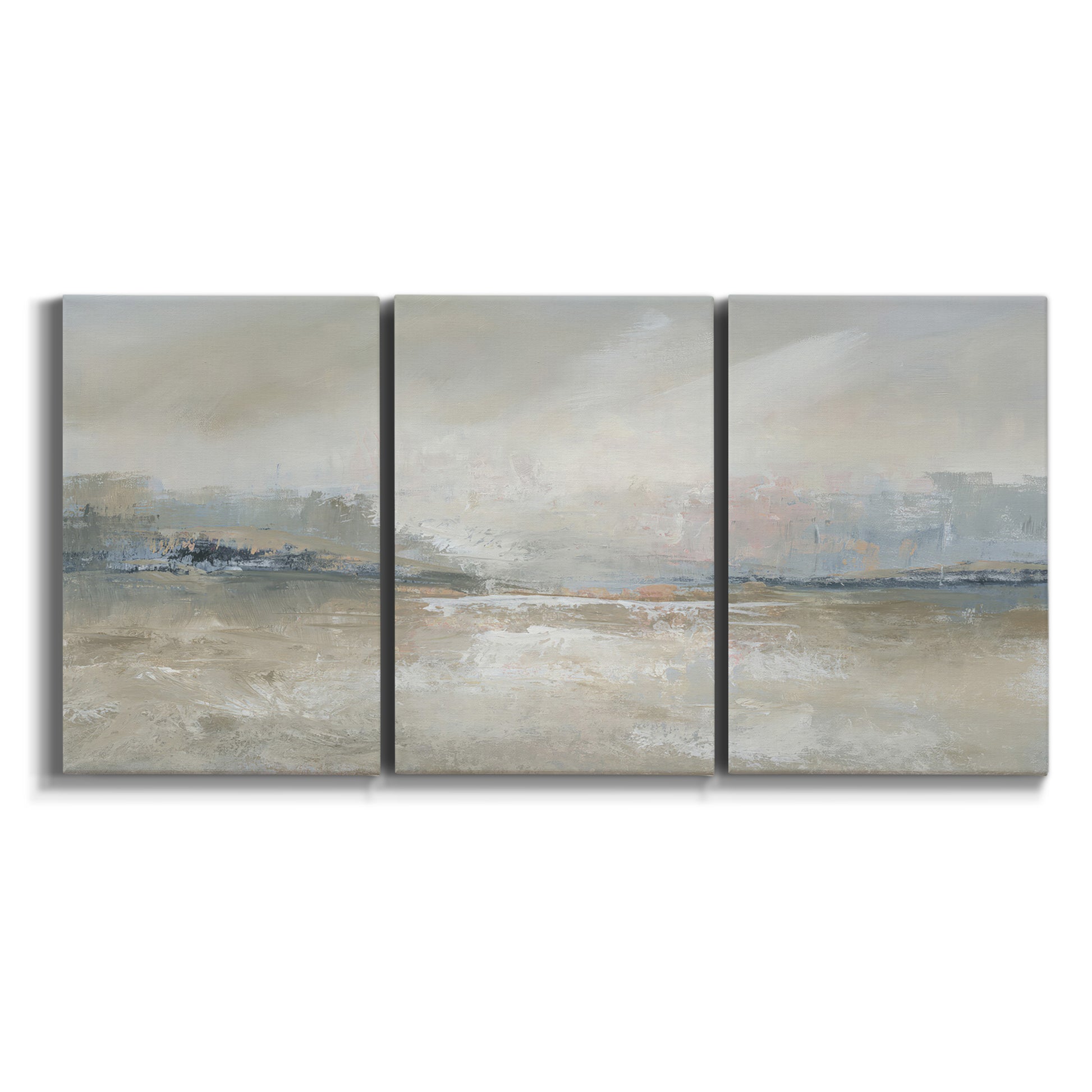 Three-panel canvas wall art featuring soft abstract horizon haze on white background.