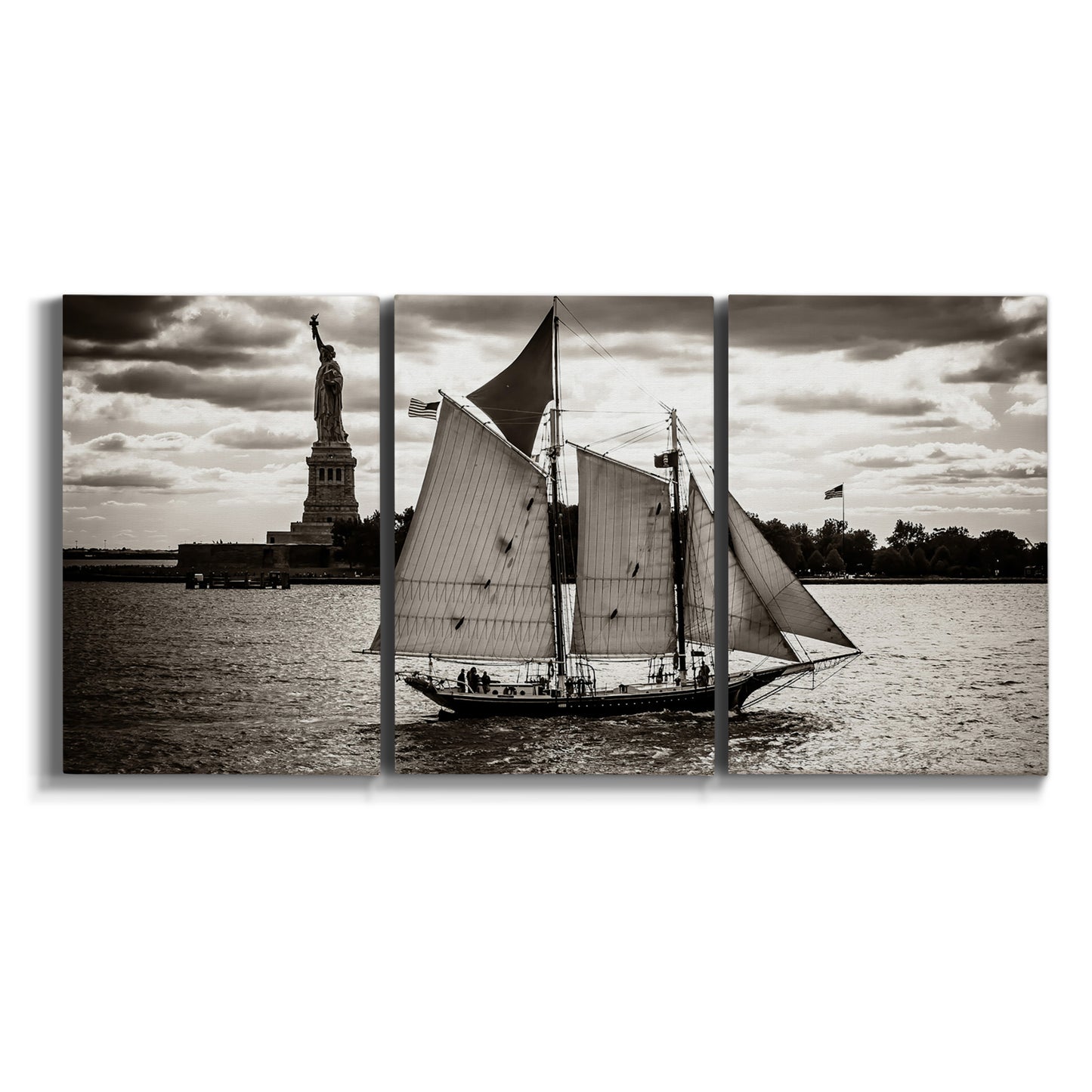 Three-panel canvas wall art featuring historic sailing ships photograph on white background.