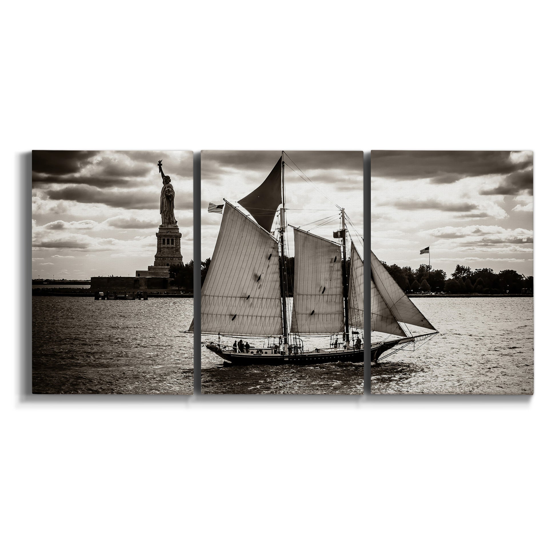 Three-panel canvas wall art featuring historic sailing ships photograph on white background.