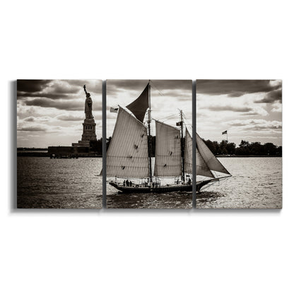 Three-panel canvas wall art featuring historic sailing ships photograph on white background.