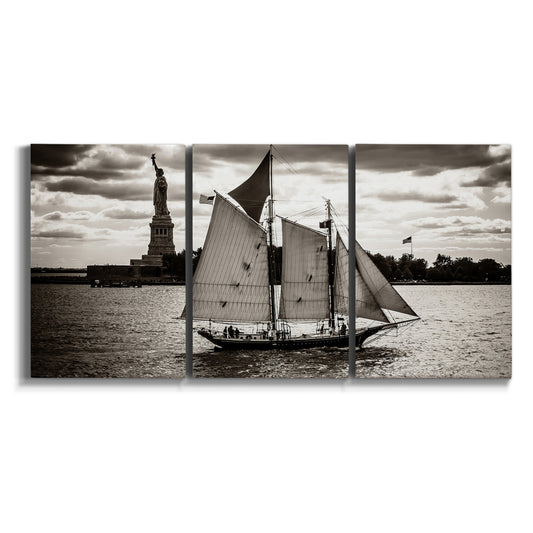 Three-panel canvas wall art featuring historic sailing ships photograph on white background.