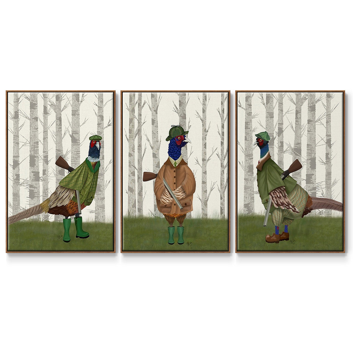 Pheasant Shooting Party 1 - Framed Premium Gallery Wrapped Canvas L Frame 3 Piece Set - Ready to Hang