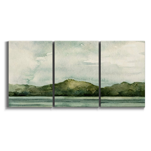 Three-panel canvas wall art featuring riverbank watercolor landscape on white background.