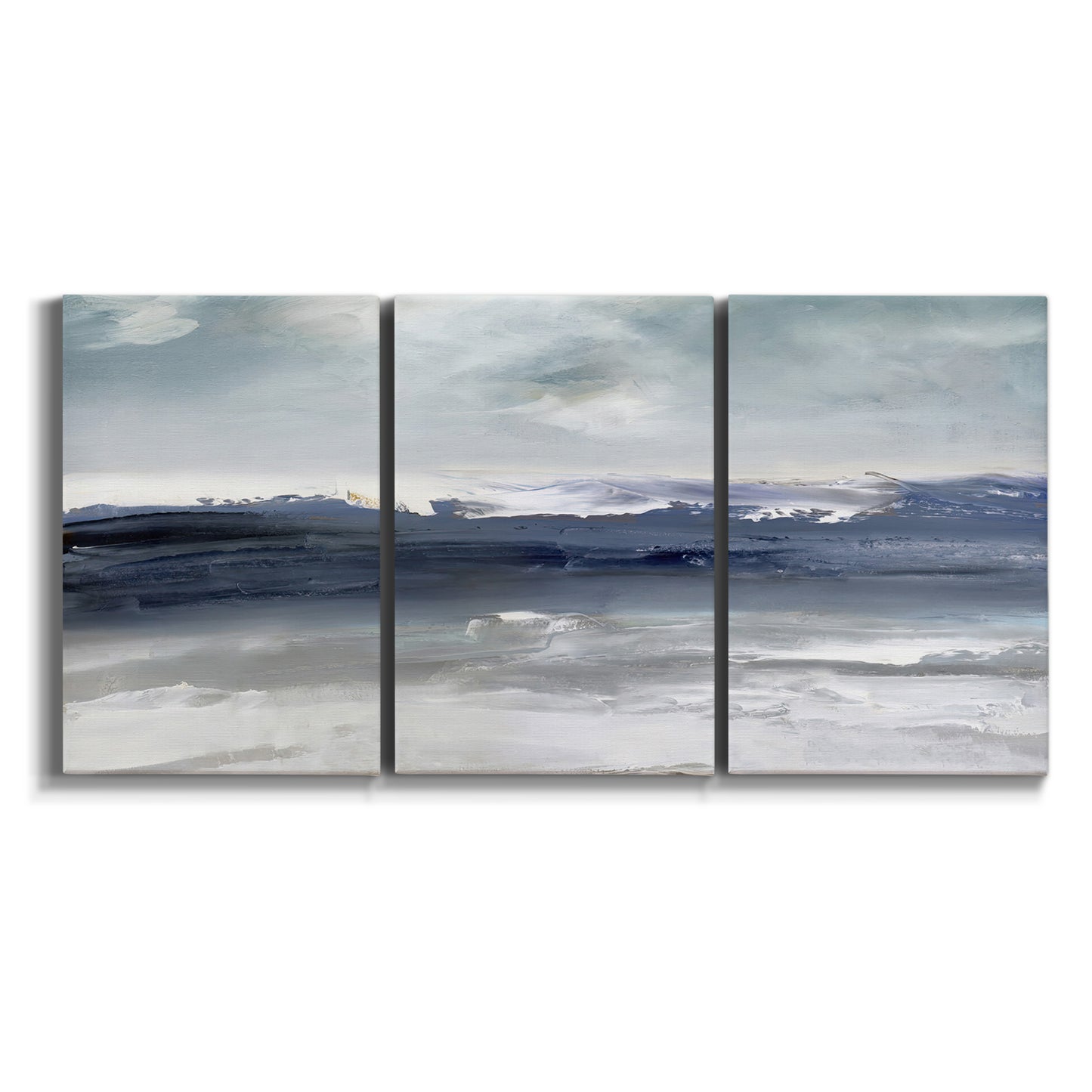 Three-panel canvas wall art featuring abstract coastal tones and movement on white background.