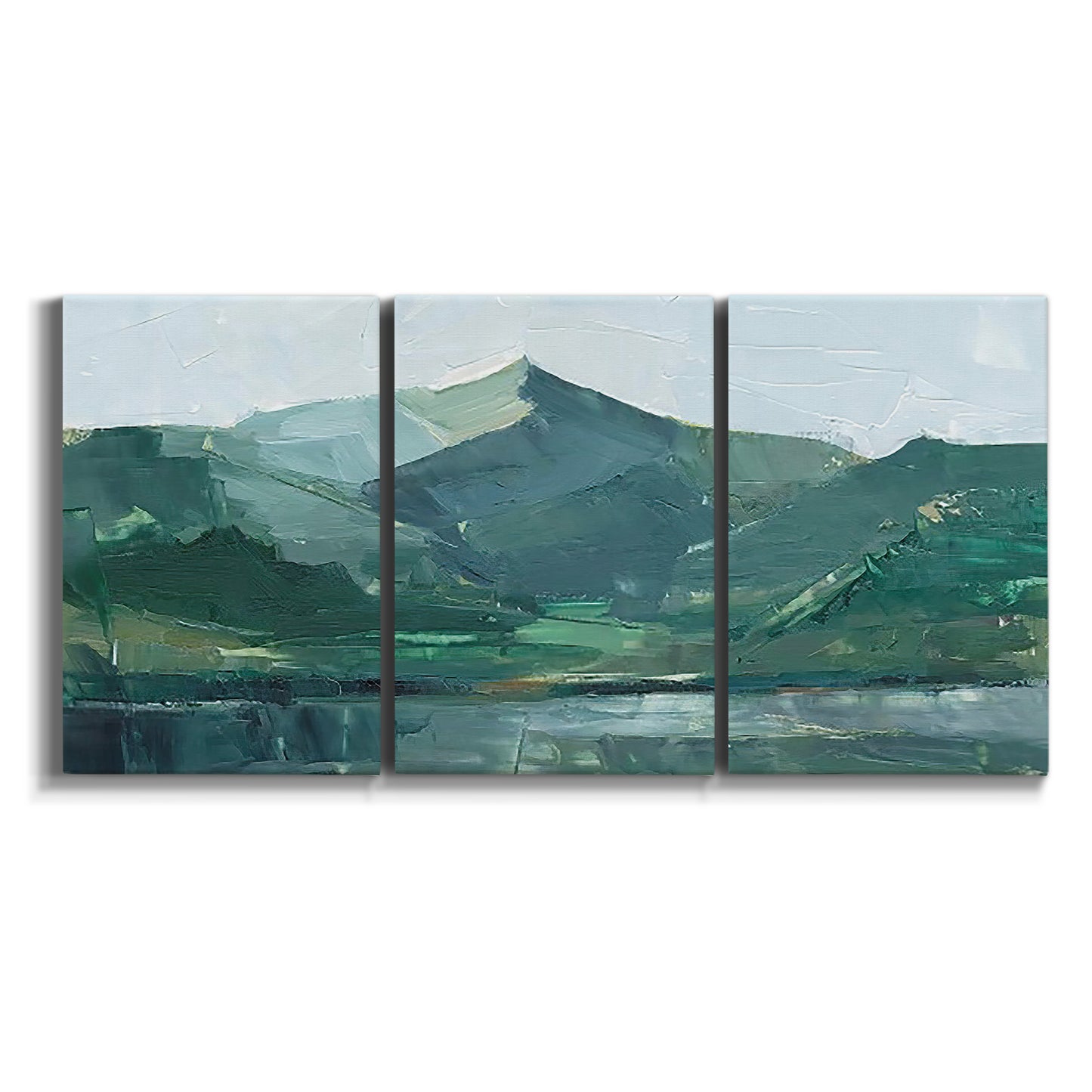 Three-panel canvas wall art featuring muted mountain range in grey tones on white background.
