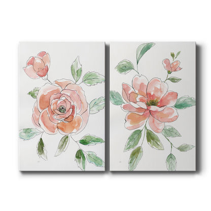 Set of two vertical canvas prints featuring abstract rose line art illustration, displayed side by side.